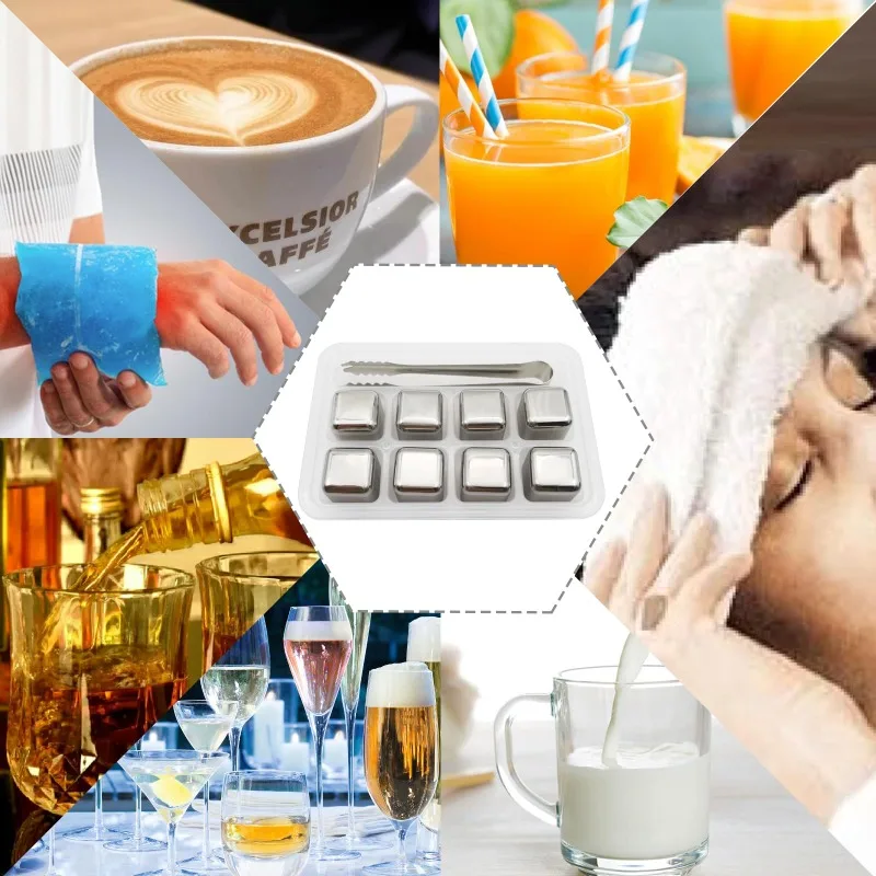 8 Pcs Stainless Steel Ice Cubes for Drinks Reusable Stainless Wine Ice Tong for Whiskey Beverage Juice Father's Gifts