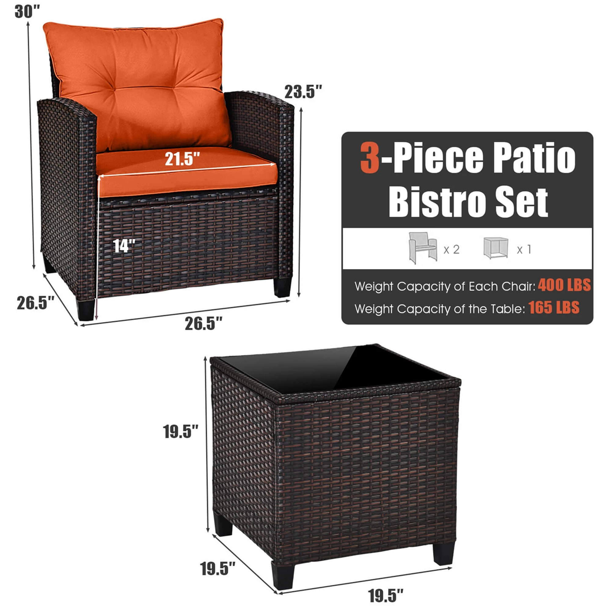 3 PCS Patio Rattan Furniture Set Cushioned Conversation Set Sofa Orange - Image 3
