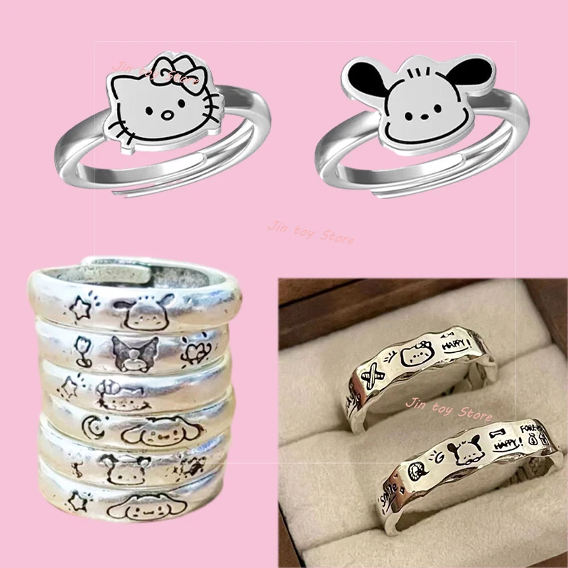 

11 Styles Hello Kitty Pochacco Rings Kawaii Sanrio Kuromi Cinnamoroll Rings Cartoon Kitty Puppy Graffiti Wavy Edge Ring Jewelry