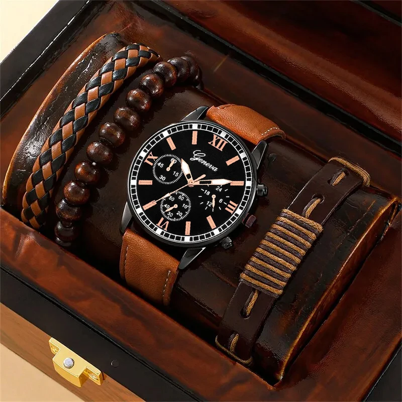 4PCS Set Fashion Mens Business Watches For Men Brown Leather Hand Rope Luxury Man Sport Casual Quartz Wrist Watch Reloj Hombre