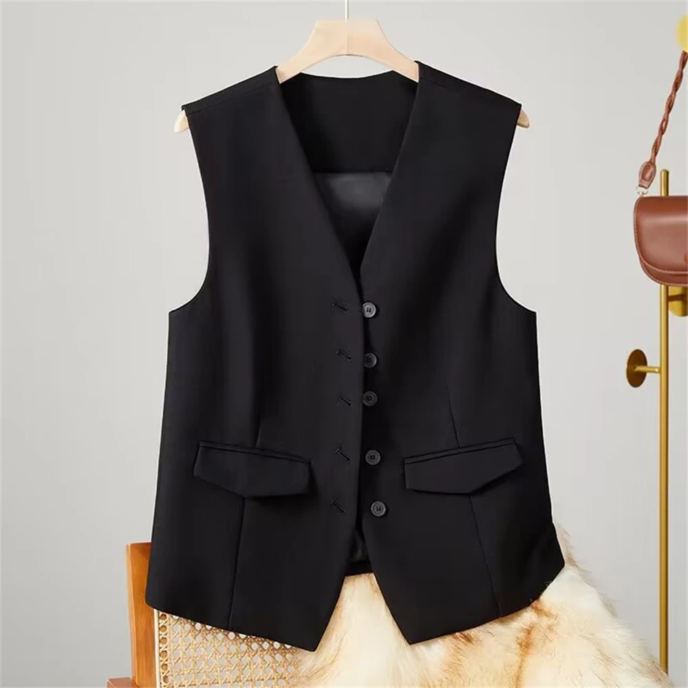 Office Lady Blazer Vest Women's Elegant Business Wear V Neck Single-breasted Waistcoat Female Sleeveless Solid Color Suit Vest