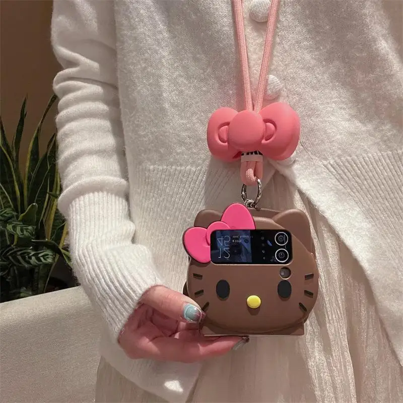 

Sanrio Hello Kitty Phone Case Folding Screen Protective Cover Anime 3D Silicone Shockproof with Lanyard Anti-fall for ZFlip5 4 3