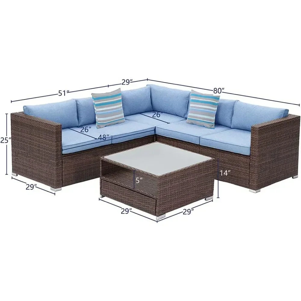 4-piece Outdoor Combination Sofa Courtyard Furniture with Blue Thick Cushion, Courtyard Conversation Set Outdoor Willow Sofa 6