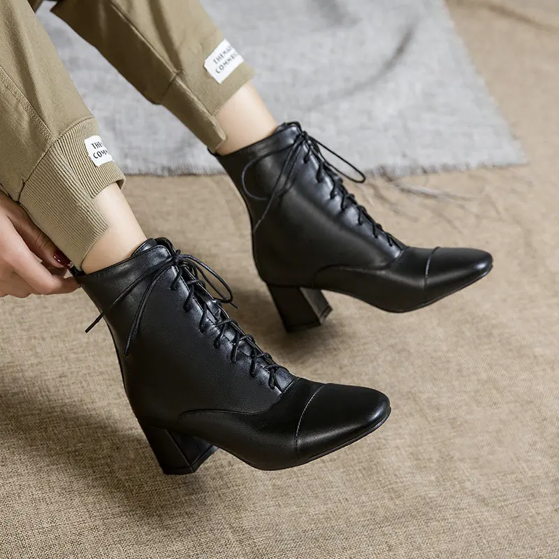 Autumn Winter Women Boots Fashion Square High Heel Shoes Elegant Lace Up White Ankle Boots Black Party Office Shoes Woman 34-43