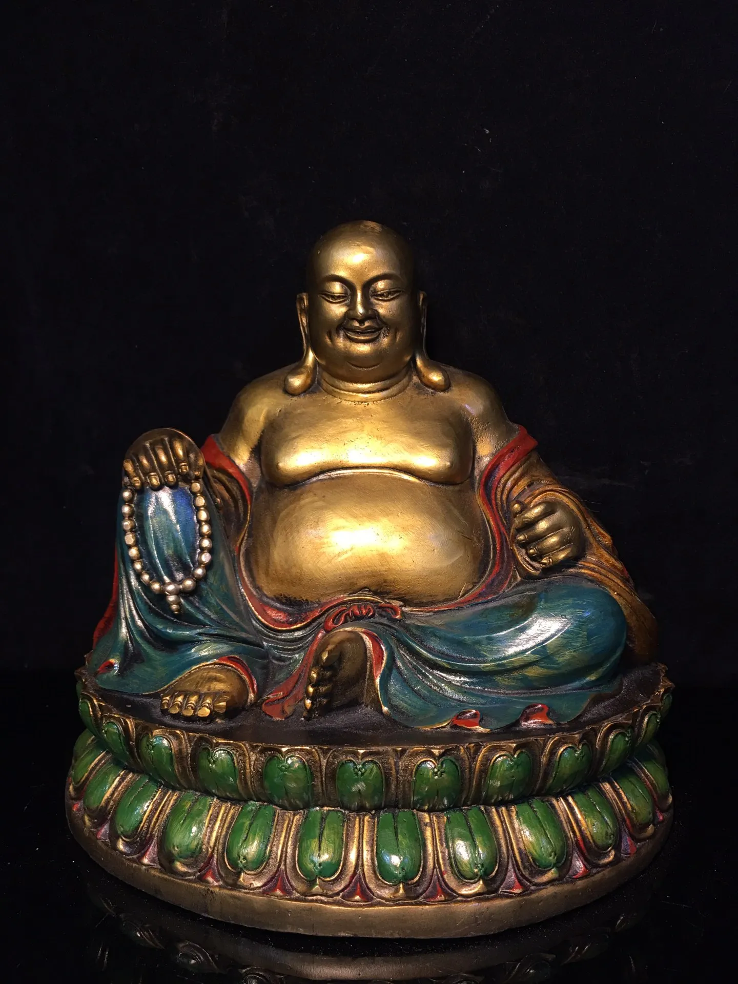 

9"Tibetan Temple Collection Old Bronze Painted Maitreya lotus platform Big Belly Buddha worship hall Town house Exorcism
