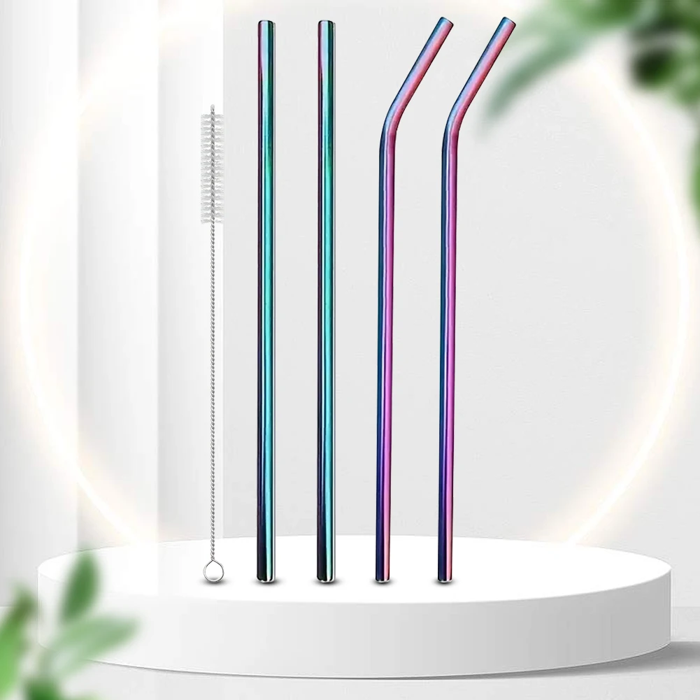 Set of 4 Reusable Stainless Steel Straws with Cleaning Brush