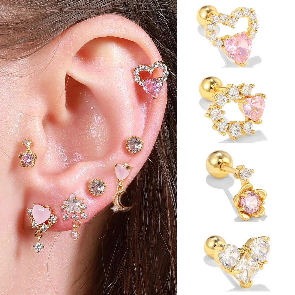 1Pc Stainless Steel Mini Zircon Minimal Heart Ear Stud Earrings Women Small Cartilage Piercing Earring Korean Fashion Jewelry