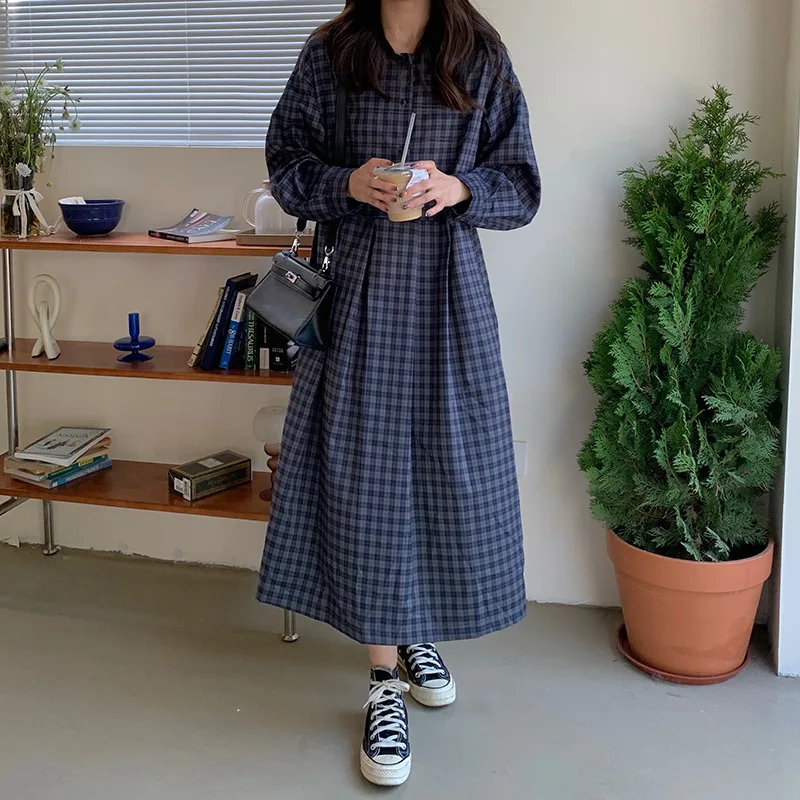 Women's Japanese Style Loose Shirt Dress, Casual Plaid, Long