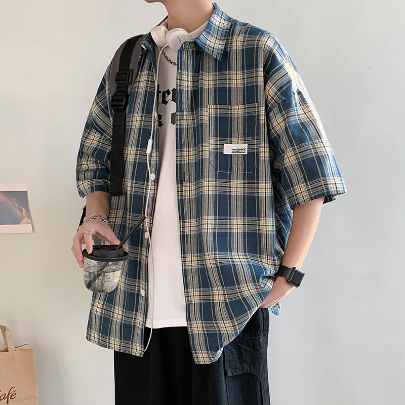 

Checkered New Summer Casual Short Shirt Trendy Brand Five Quarter Sleeved Top Men's Coat Size