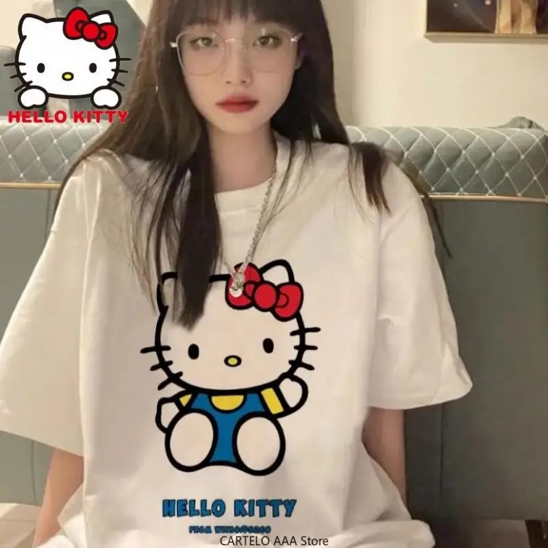 

Kawaii Hello Kitty рубашка Y2K Топ Женская одежда хлопковая аниме Kawaii с коротким рукавом Новая летняя свободная парная одежда в стиле Харадзюку
