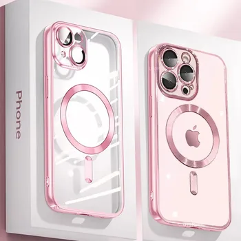 Clear Plating Ultrathin Silicone Case For iPhone 16 15 14 13 12 11 Pro Max 16 Plus Magsafe Magnetic Lens Film Protect Cover Pink 1