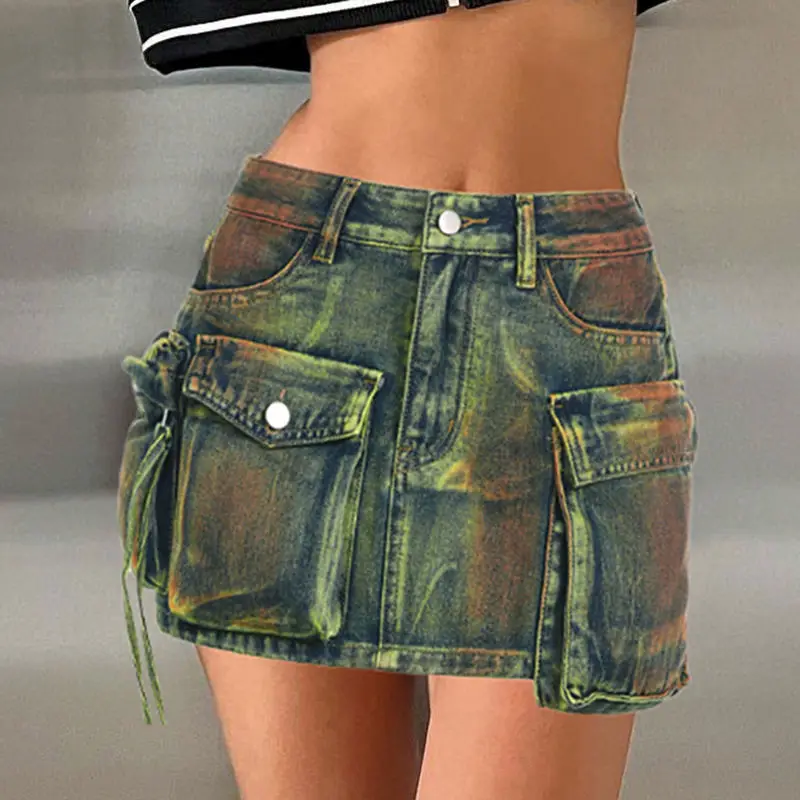 Denim Skirt High Quality Tie Dye Asymmetrical Multiple Pockets Women Sexy Fashion Skirts Female Hot Girl Overalls Short Skirt