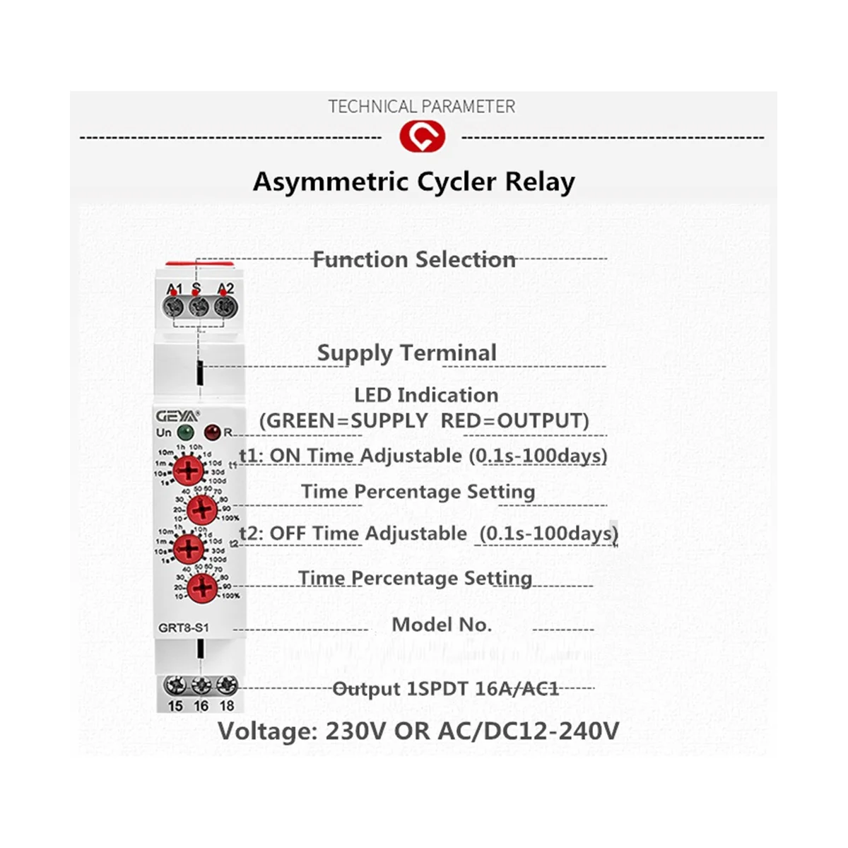 GEYA GRT8-S Asymmetric Cycle Timer Relay SPDT 16A Electronic Repeat Relay, GRT8-S1 AC230V