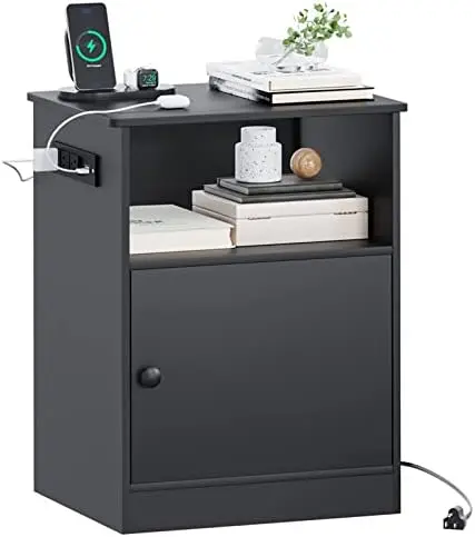 

of 2 Nightstand, Black Night Stand with Charging Station, End Side Table with Storage Cabinet, Modern Bedside Table for Bedroom,