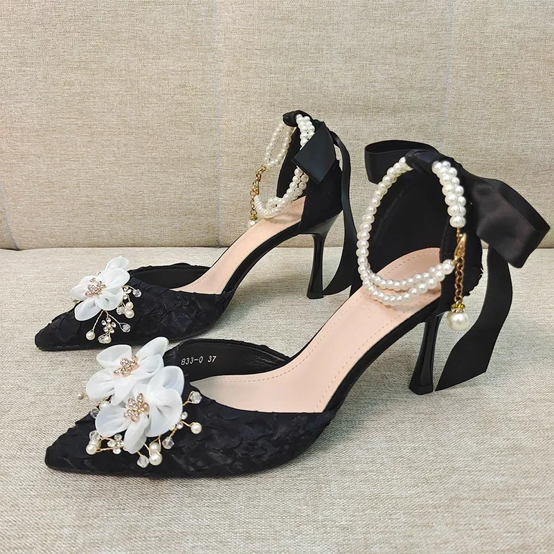 

High Heel Women Autumn Fine Heels New French Style Elegant Small Heels Bride Fashion Main Wedding Shoes Pointed Tip