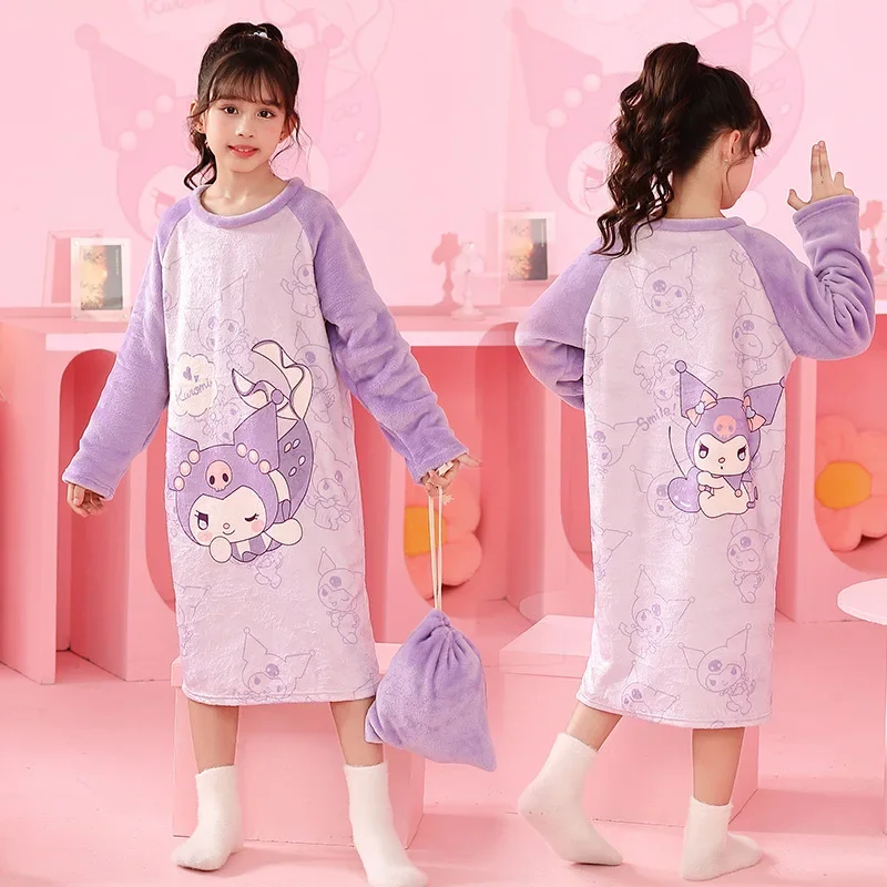 

Sanrio Kuromi Winter Children's Pajamas Girls Long-Sleeved Flannel Velvet Nightgown My Melody Cinnamoroll Thickened Home Clothes