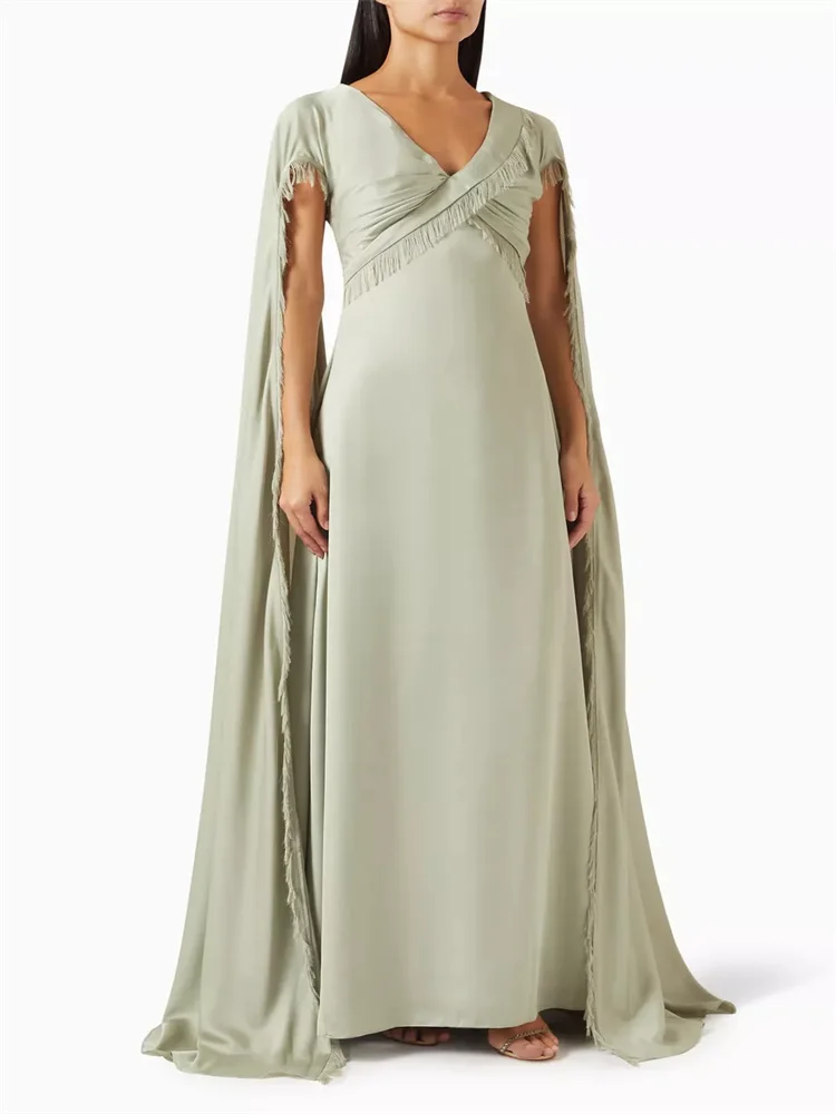 

New Long Draped Cape Sleeves Satin V Neckline Structured Bodice Evening Dress Elegant Concealed Back Zipper Fastening Party Gown