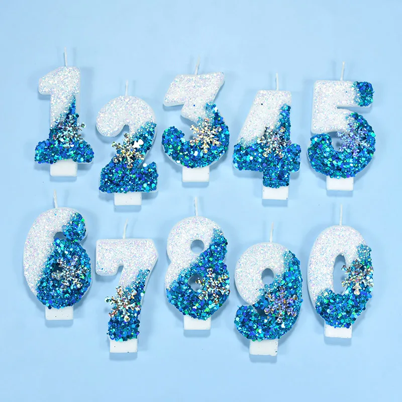 1 Stück Prinzessin Geburtstag 0-9 Zahlenkerze Blaue Schneeflocke Flammenlose gefrorene Kerzen Hochzeit Party Dekoration Geburtstag Dessert Versorgung – Detail 6