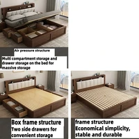 Lit double moderne nordique en bois massif avec rangement, taille King/Queen, pour chambre à coucher, avec tiroirs sous le lit et tête de lit avec rangement intégré 2