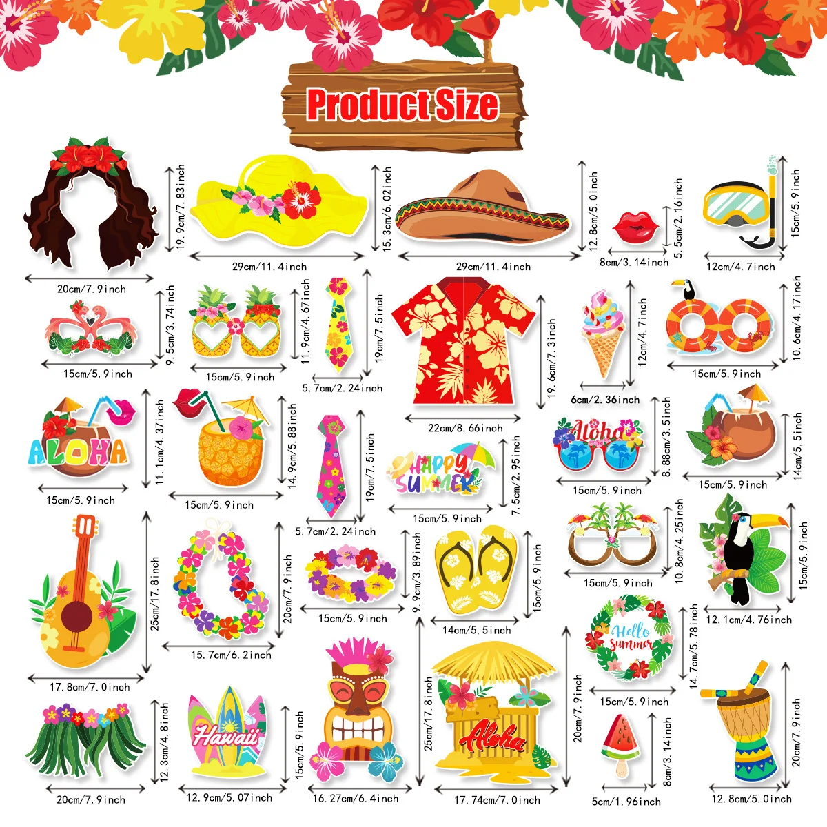 30pcs Luau Party Decorations Photo Booth Props Kit Hawaiian Themed Party Decorations Luau Photo Booth Props Supply