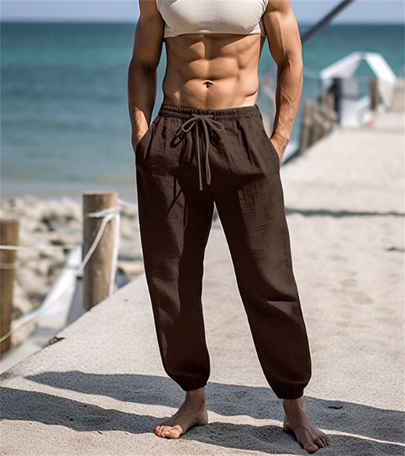 

New Men's Cotton Linen Pants Daily Vacation Solid Color Loose Casual Elastic Waist Drawstring Trousers Mens Fashion Sweatpants