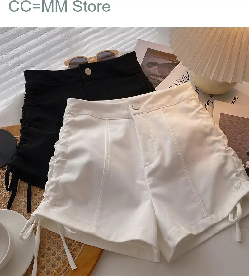 New Black White Shorts for Women High Waisted Korean Fashion Shirring Chic Shorts Ladies Casual Wide Leg Shorts