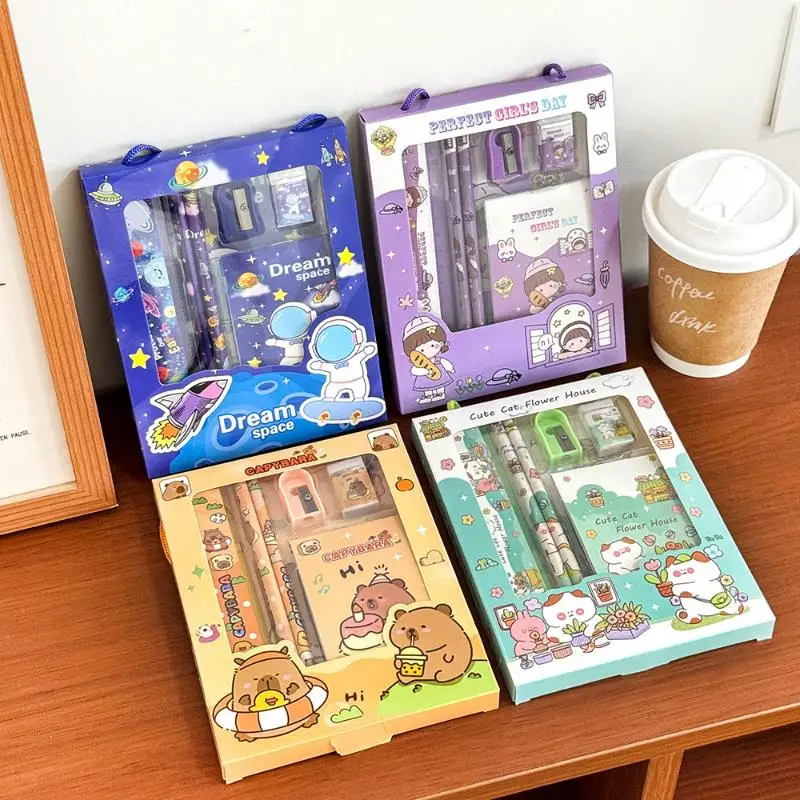 6Pcs/Set Schooes Cute Cartoon Capybara Pencil Stationery Set Kawaii Eraser Pencil Sharpener Children Student Stationery Supplies