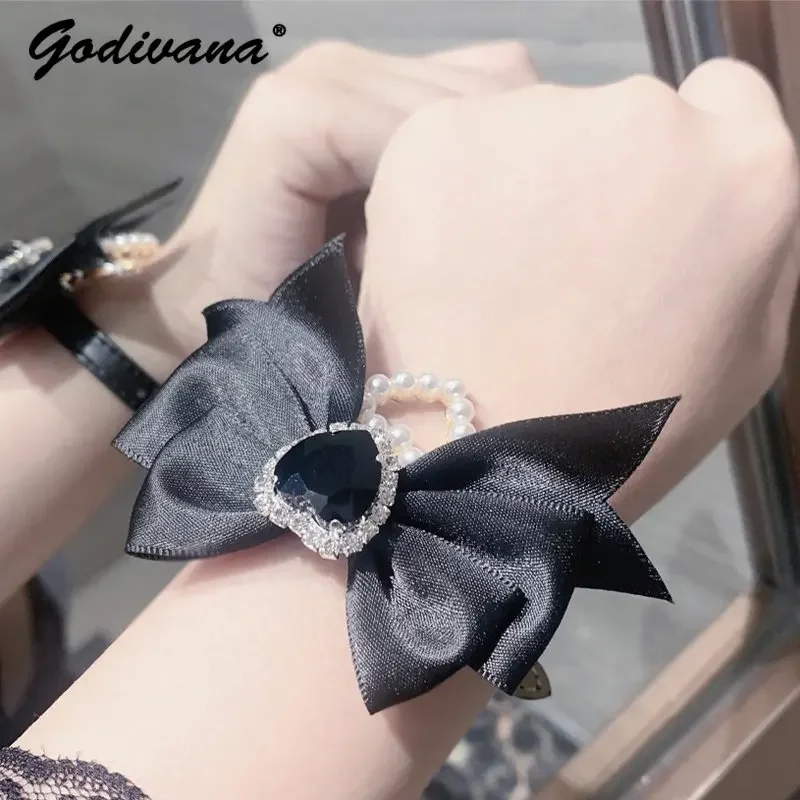Oversized Bow Heart-shaped Diamond Bracelet Cute Handmade Leather Strap Mine Charm Bracelet Set Fashion Jewelry For Girls Women
