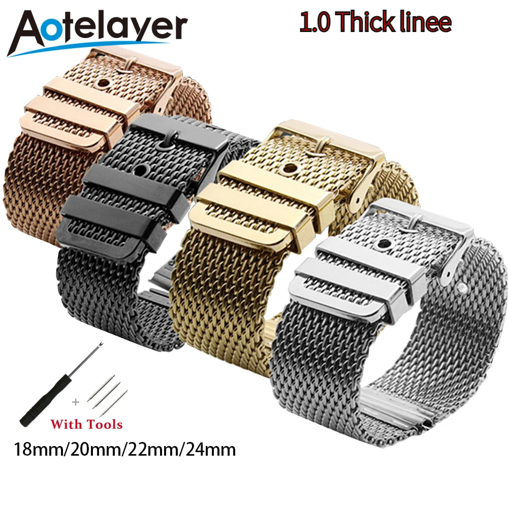 

18mm 20mm 22mm 24mm 1.0 Thick line Stainless Steel Wrist Band Strap Universal Men Women Mesh Milanese Watchband Accessories