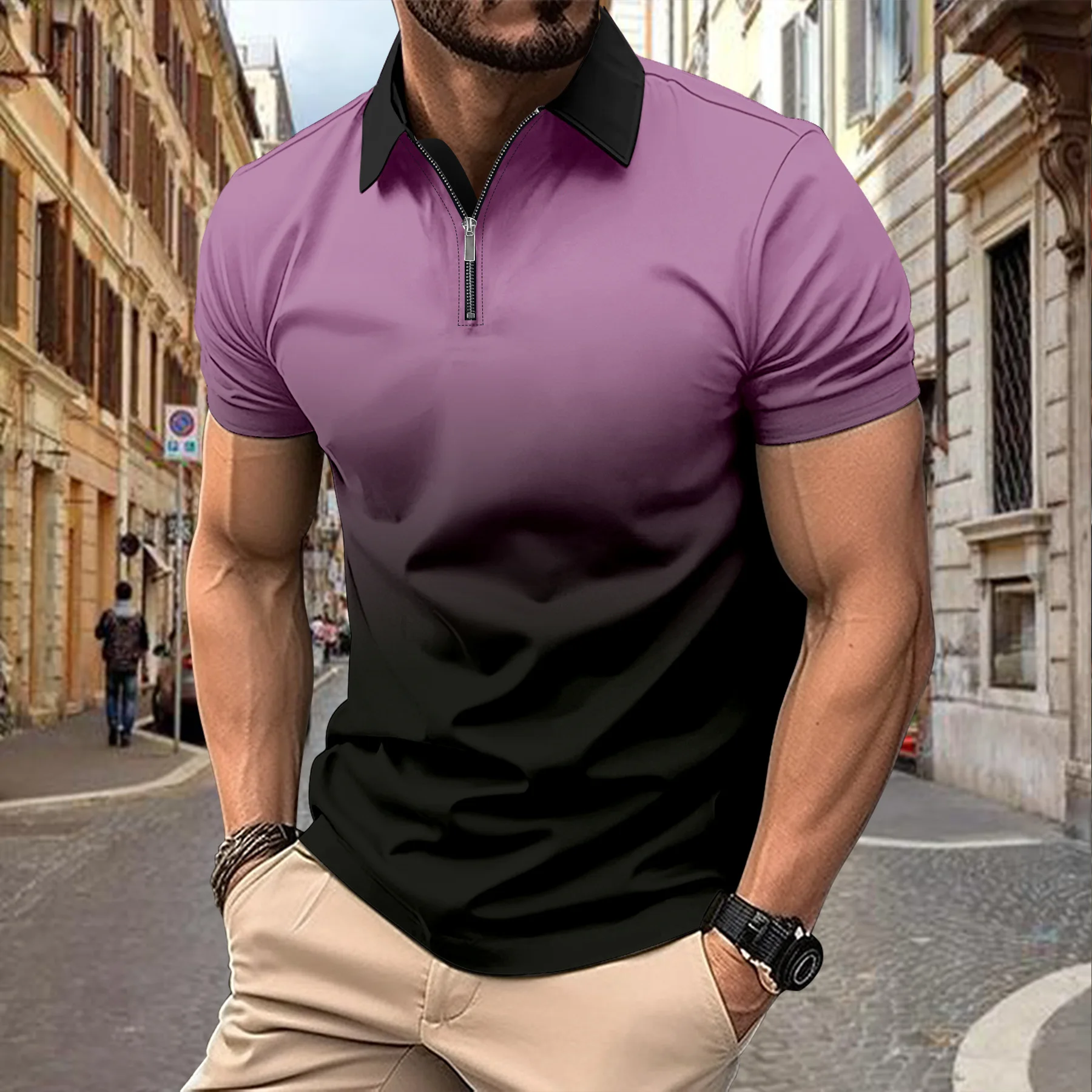 Fashionable mens summer striped T-shirt color blocked 3D digital printing zipper polo shirt business casuallapelshortsleevedpolo 16 Sd542f4e3a84b40eebb074fe964c274f1e