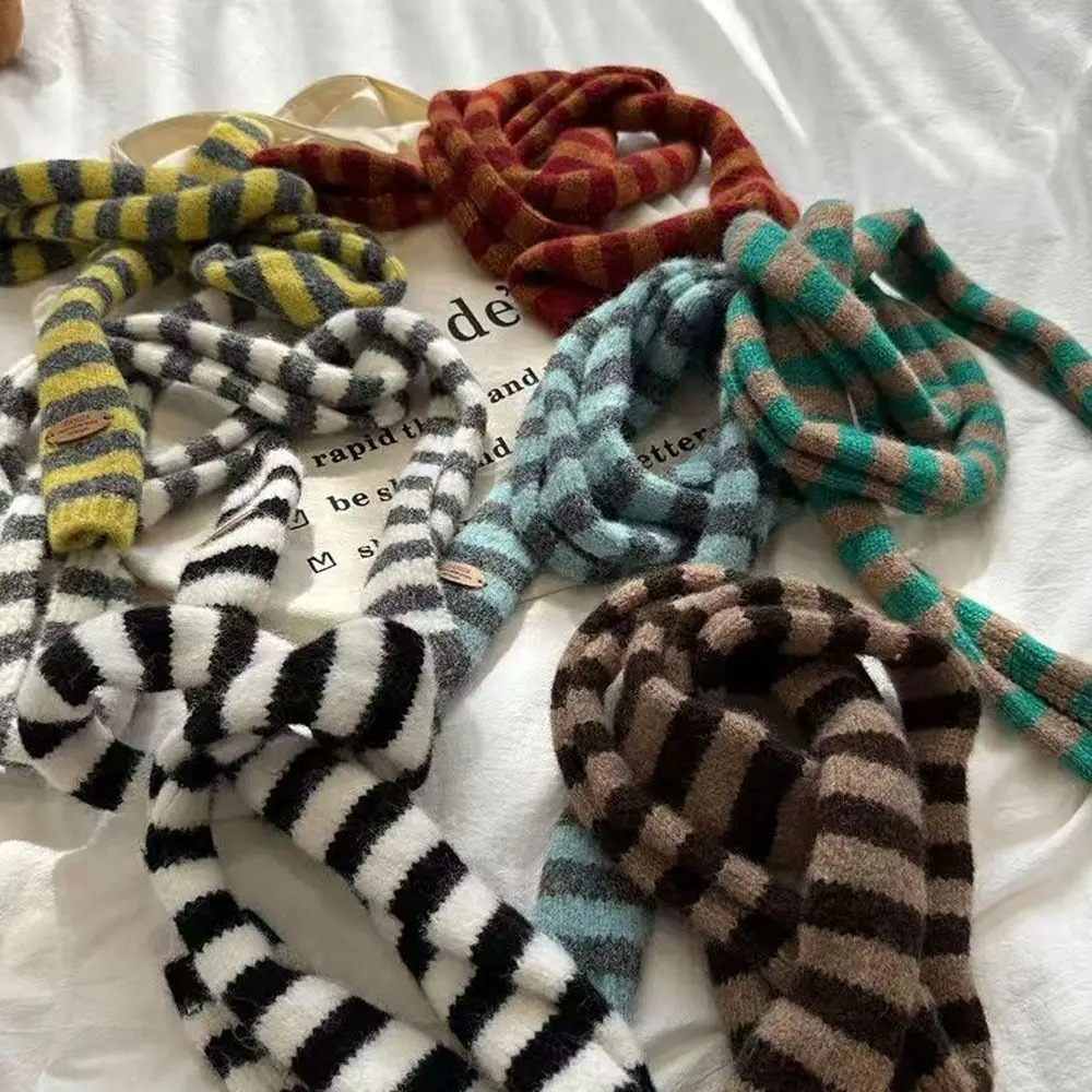 Korean Style Black Grey Stripe Women Long Scarves Cotton Knitted Y2K Girl Scarf Warm Neck Slim Skinny Scarf Fashion Streetwear