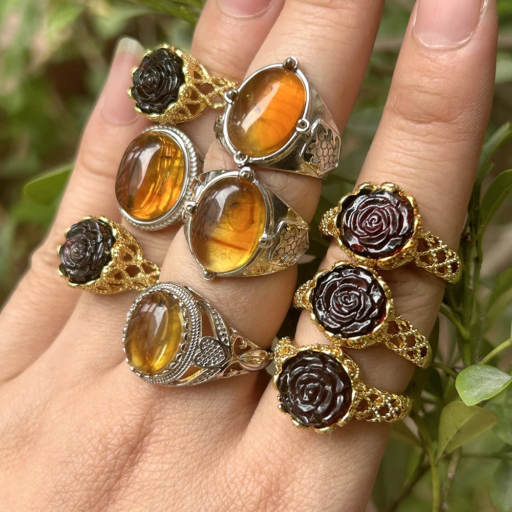 Natural Rose Red Cognac Amber/ Insect Amber Ring , Adjustable size for wearing, different ring holders, For Women Ring Gift 2