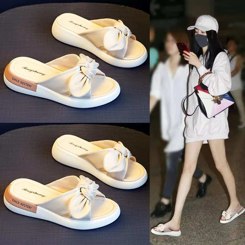 

Korean Version Thick Bottom Slipsole Bowknot Sandy Beach Slippers Women 2023 New Fashion Casual Simple Women Shoes Summertime