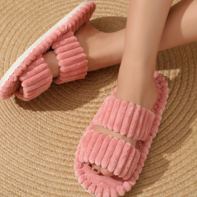 Autumn Winter Corduroy Women's Home Slippers Lightweight Indoor Floor Fuzzy Slippers Women Open Toe Non Slip Plush Slides Female