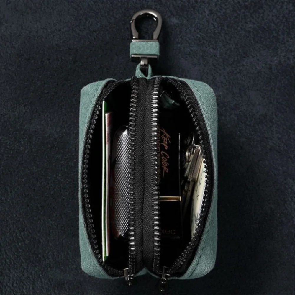 Portable Keychain Wallet for Men Women Large-Capacity Double Zipper Key Pouch Bag Suede Leather Key Case Unisex Coin Purse 5