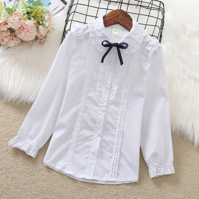 Girls Blouses Spring & Autumn Long Sleeve Preppy Style Ruffles Kids Shirts Casual Cotton Girls Clothes School Uniform Vestidos