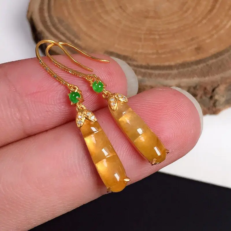 

French natural yellow jade ice chalcedony ear hook S925 silver inlaid rich and auspicious Earrings