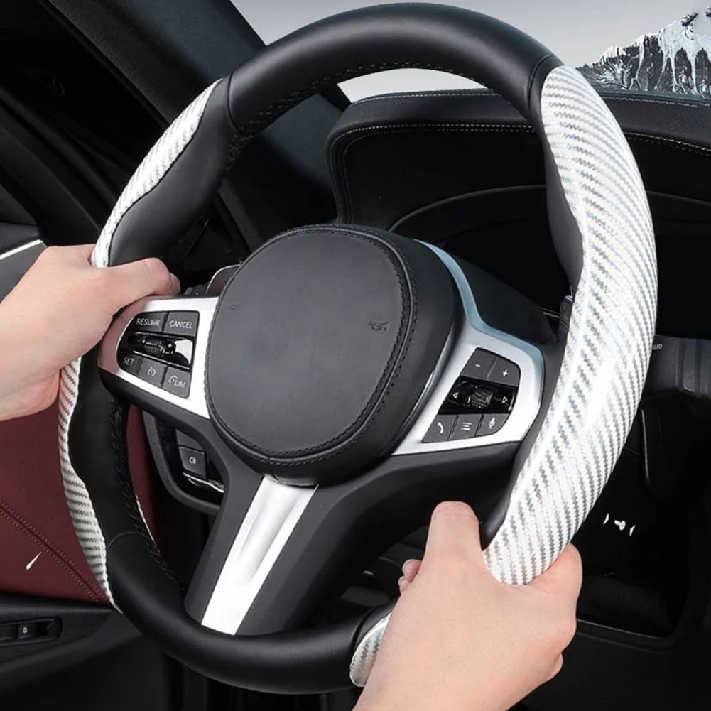 White 1pair Laser-etched Carbon Fiber Steering Wheel Cover Set