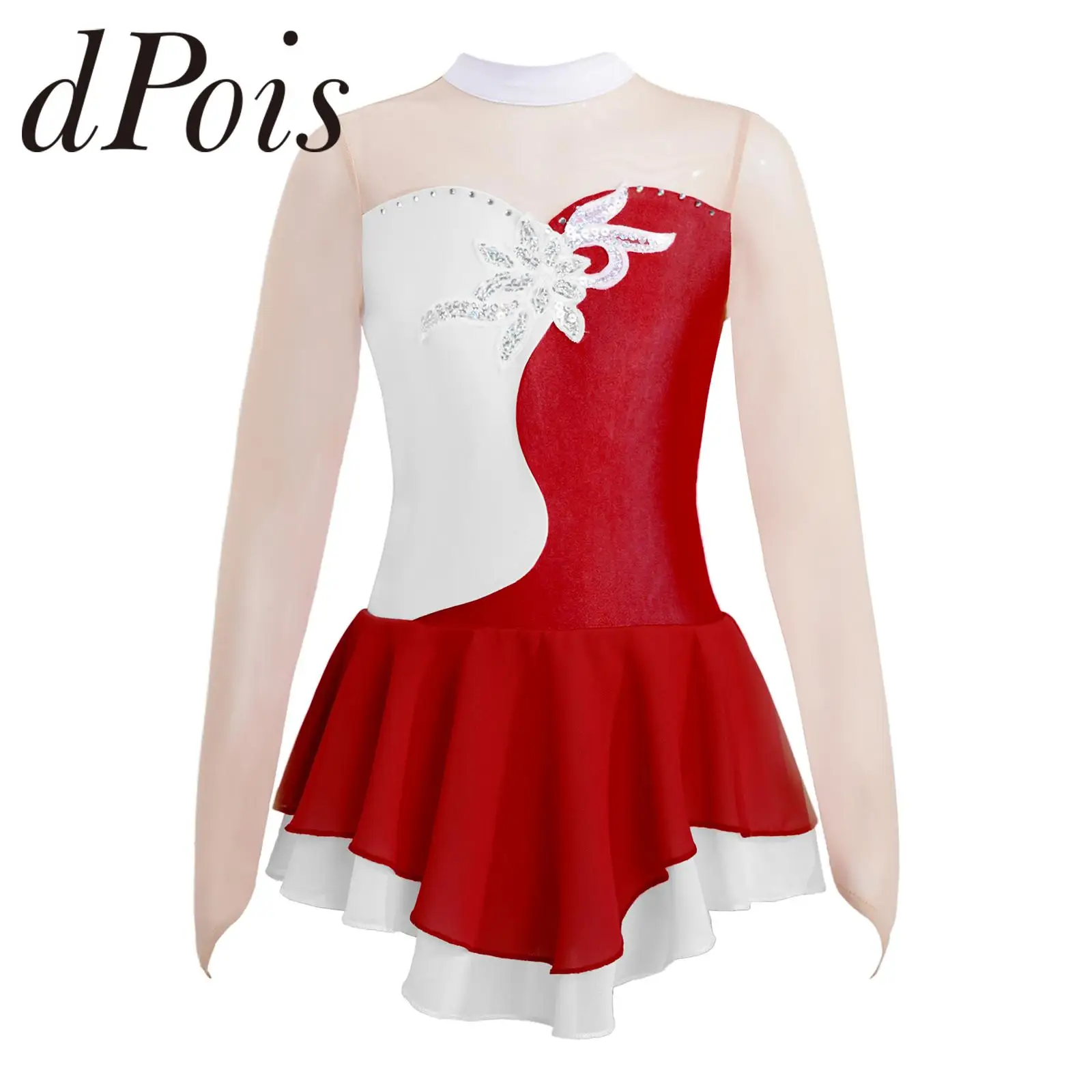 Floral Figure Ice Skating Dress Kids Girls Sequins Long Sleeve