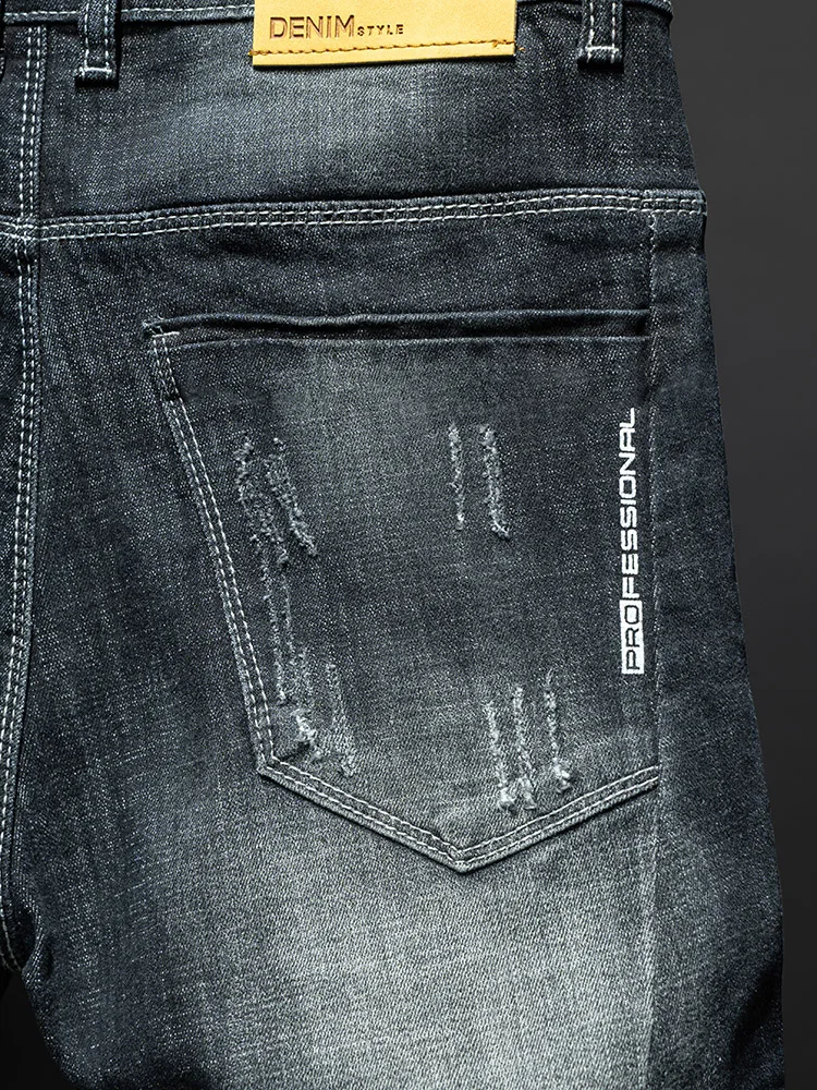 Fashion Ripped Men's Slim Straight Stretch Jeans Korean Personality Streetwear Denim Pants Classic Black Hip Hop Male Trousers