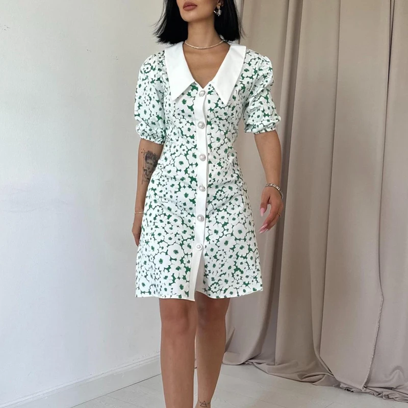 

Elegant Short Sleeve Button Mini Dress 2024 Stitching Polo Collar Office Dress Women Fashion Floral Print Cardigan Slit Dress