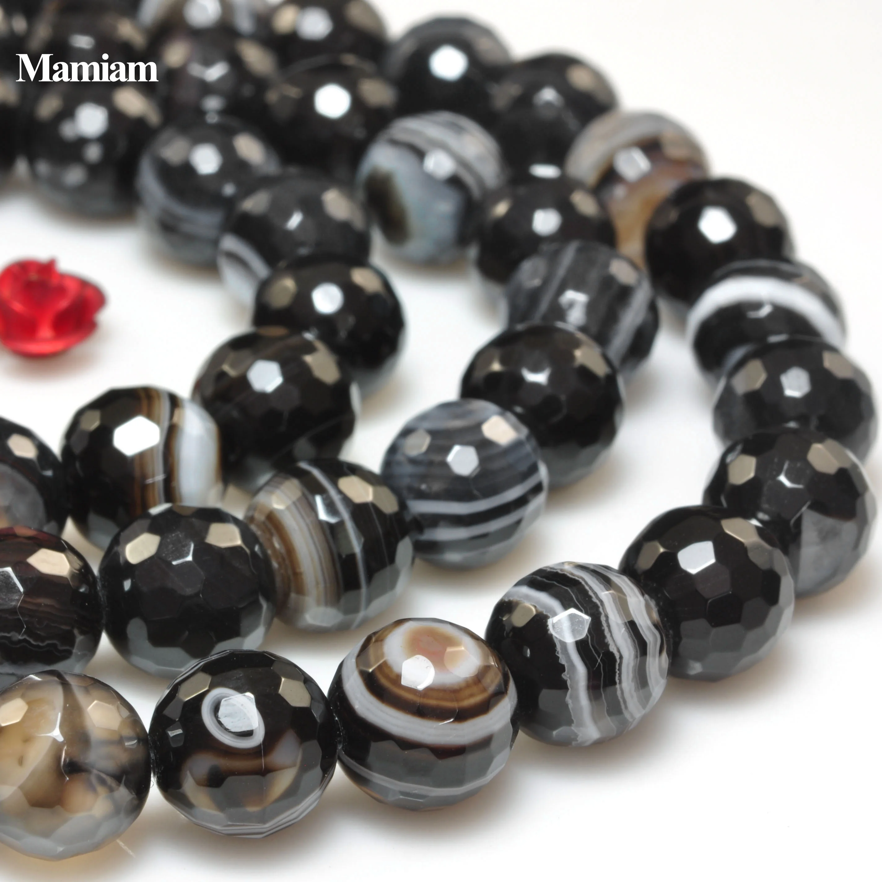 Mamiam Natural A+ Black Stripe Onyx Eye Agate Faceted Round Beads 8mm Smooth Loose Stone Diy Bracelet Necklace Jewelry Making