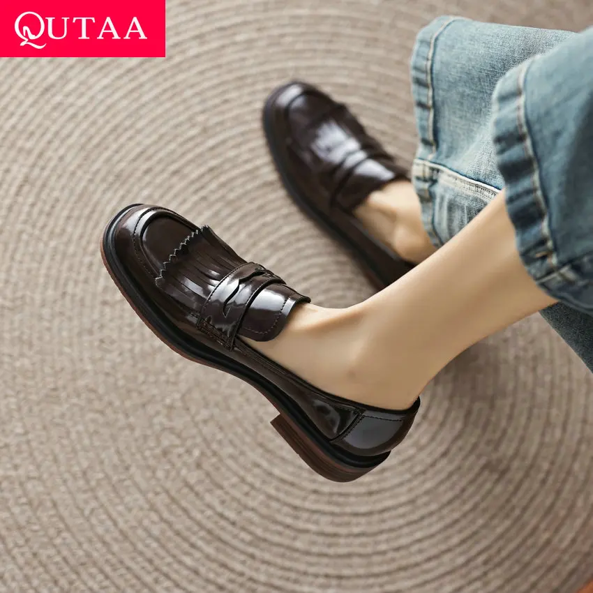 

QUTAA 2024 Spring Summer Women Pumps Low Heels Genuine Leather Round Toe Casual Working Loafer Pumps Shoes Woman Size 34-40