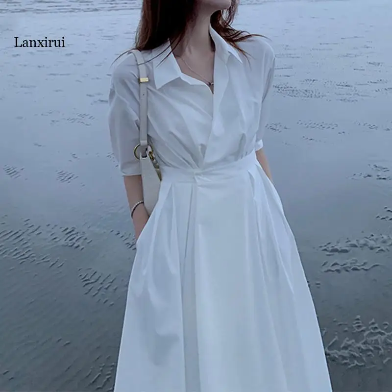 

Simple Solid Turn Down Collar Women Dresses Elegant All-match Short Sleeve Vestido Feminino Slim Office Lady Midi Dress Female