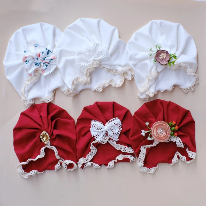 Baby Lace Turban Hat Soft Cotton Baby Girls Bow Hat Newborn Muslin Beanie Cap Unisex Baby Bonnet Photography Props Accessories