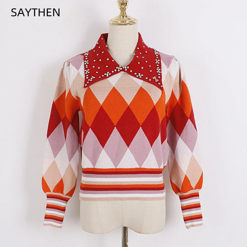 

SAYTHEN Lapel Diamond Knitted Sweet Sweater 2022 Autumn And Winter New Retro Contrast Color Designer Women's Pullover ST229272