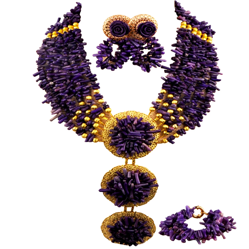 

Dark Purple African Wedding Coral Jewelry Set for Women Nigerian Necklace Set