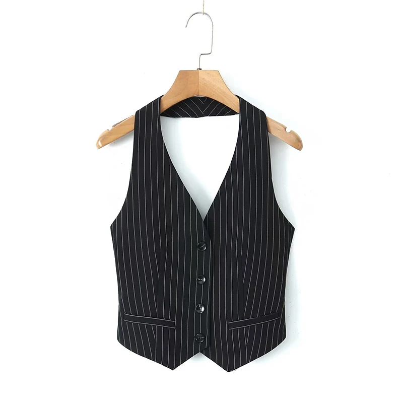 

Women Vertical Striped Suit Vest Elegant OL Waistcoat Chic Backless Halter Office Ladies Business Formal Work Wear Crop Top