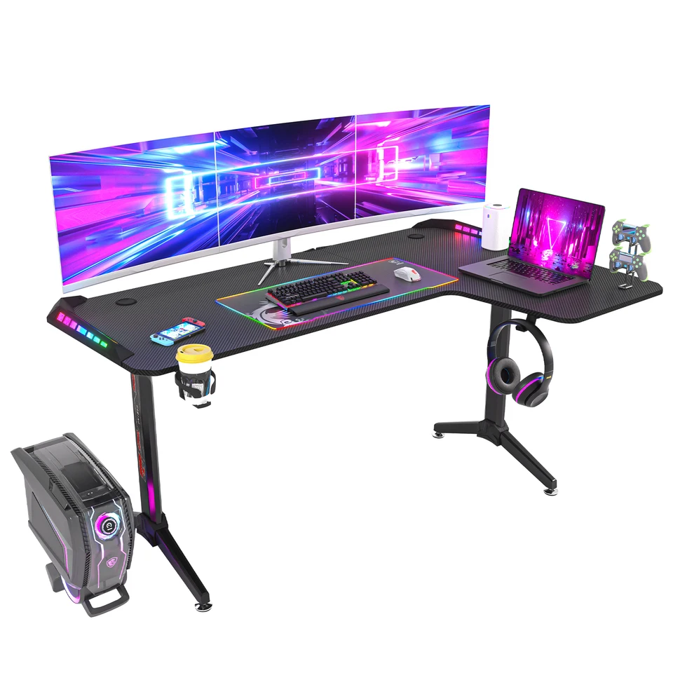 Mesa De Gaming Wisfor Con RGB – 140x60x78cm, Negra, MDF, Para PC, Juvenil/ Adulto