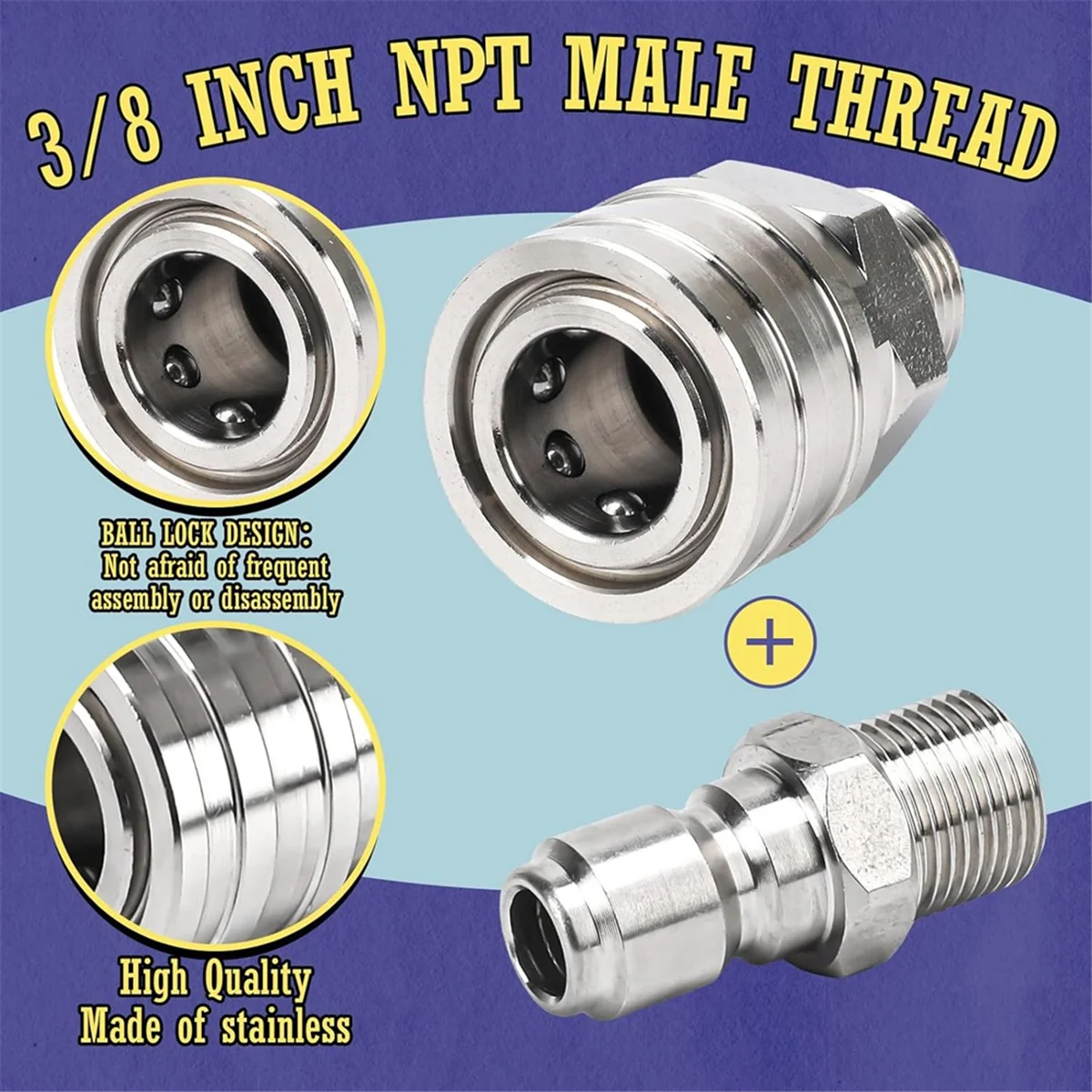 SEMOIC Pressure Washer Quick Connect Kit, 3/8inch Quick Connect Fittings, Stainless Steel Adapter Set, Female and Male Threads
